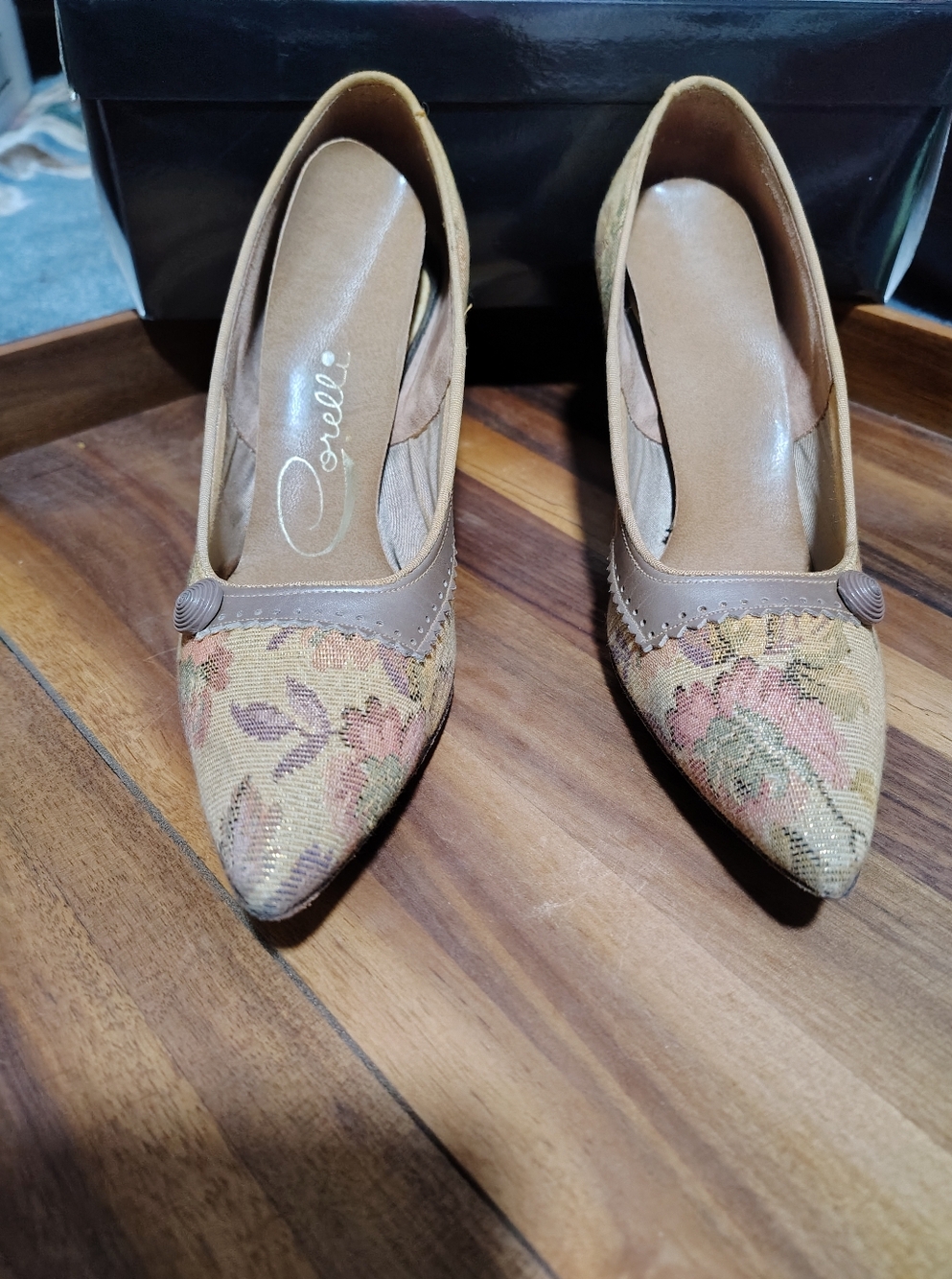 Tan Floral Pointed-Toe Heels